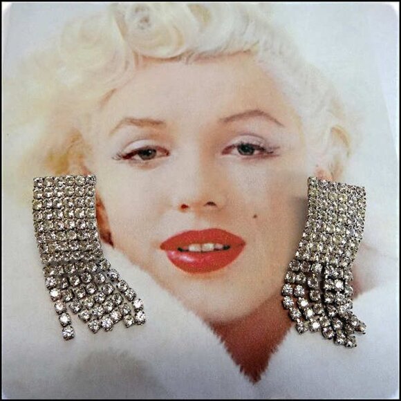 1950s Art Deco Chandelier Pierced Earrings Chic Cube Rhinestone Midis - Picture 1 of 6